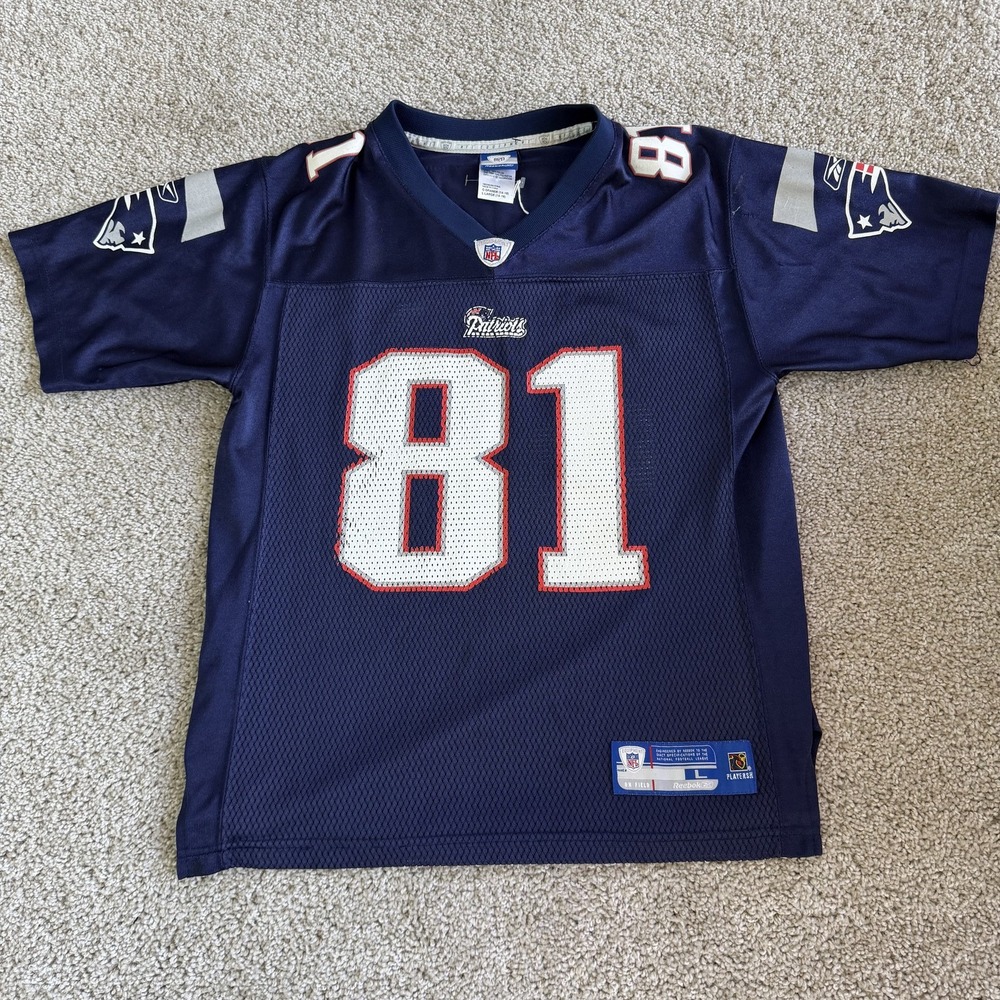 Y2K New England Patriots Moss #81 Jersey Boys Youth Large Blue Football Reebok